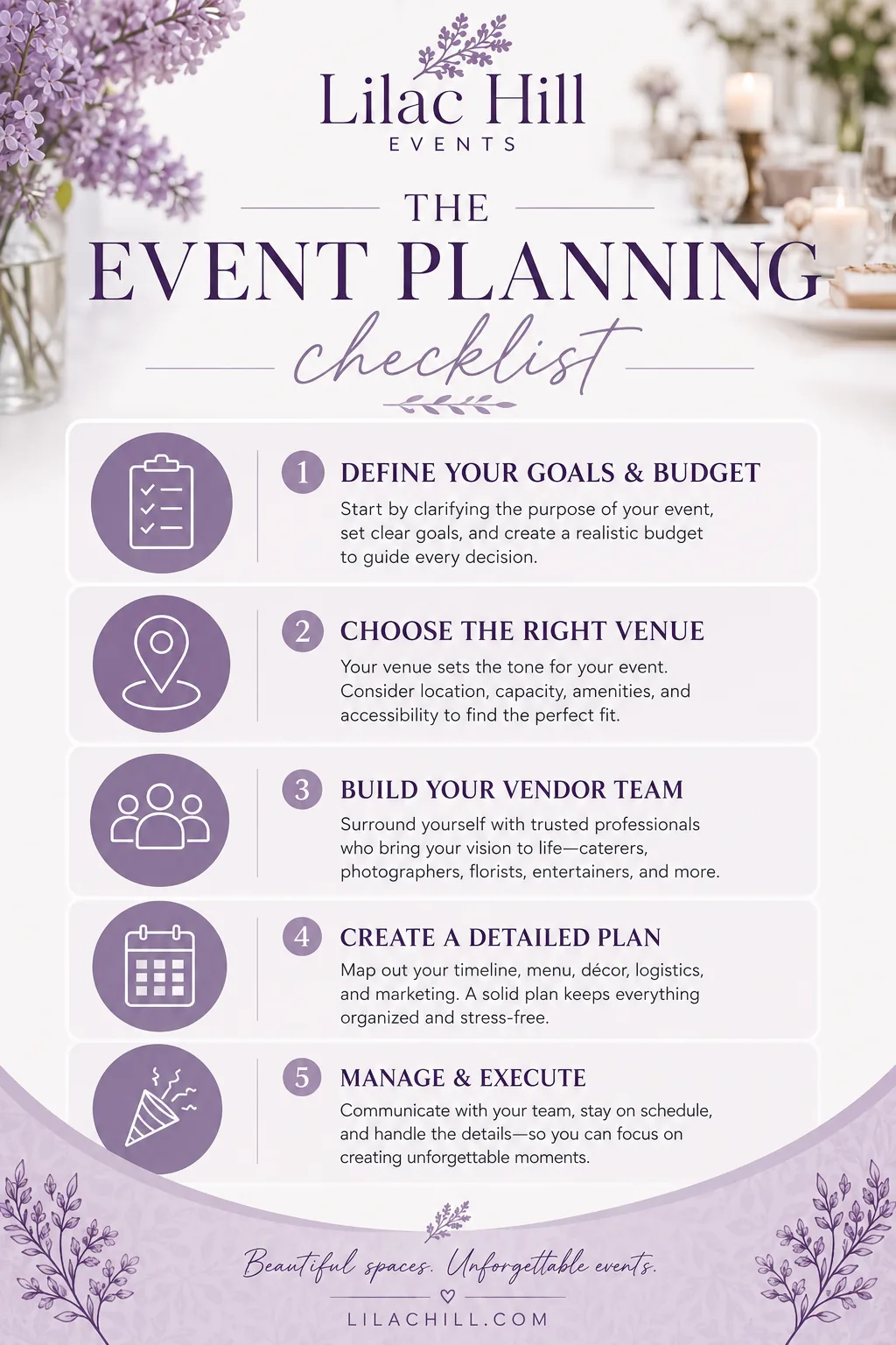 Lilac Hill event planning checklist infographic: define your goals and budget, choose the right venue, build your vendor team, create a detailed plan, then manage and execute
